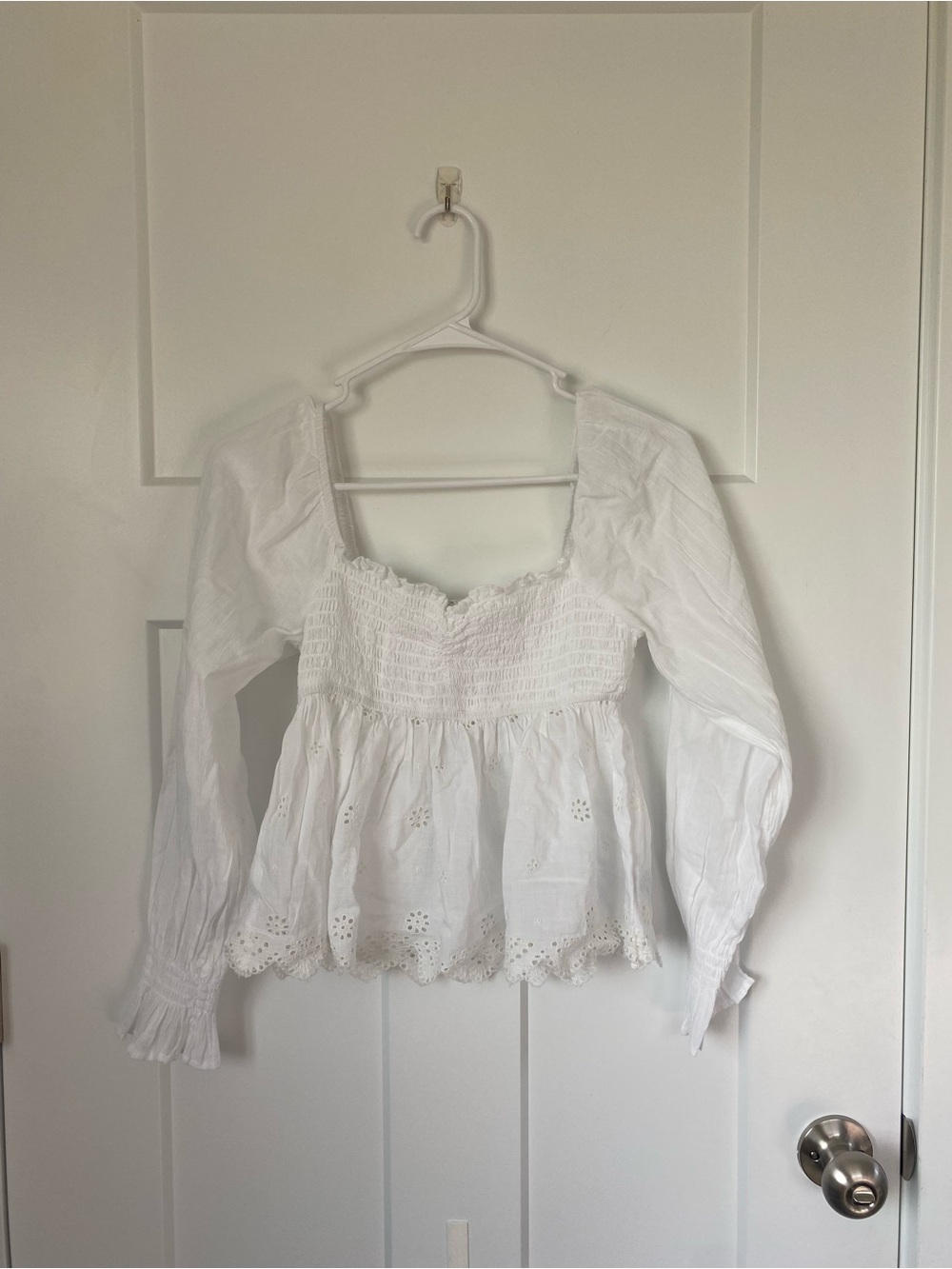 NWT AE Long-Sleeve Smocked Babydoll Blouse